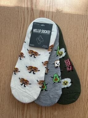 New Womens 3 Pairs Bacon Hello Socks! No show liner socks w/Heel Grip O/S 4-10